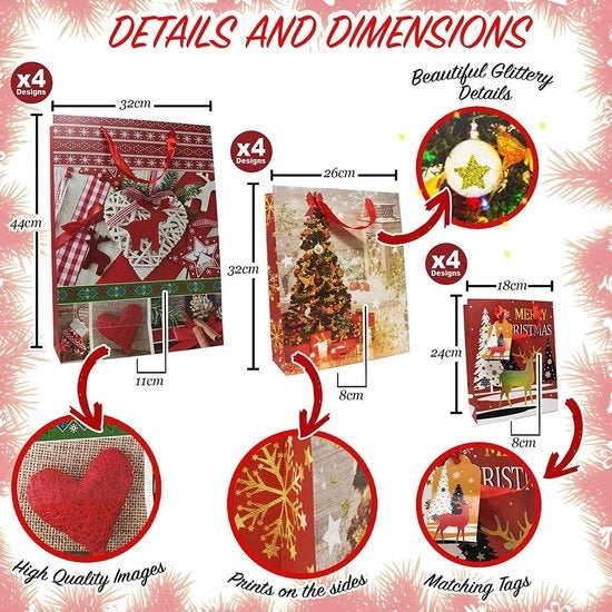 Assortiment van 12 kerstcadeauzakjes met touwhandvaten en bijpassende cadeau-etiketten - 4 Grote (31 x 40 cm), 4 Middelgrote (26 x 32 cm) en 4 Kleine (18 x 24 cm)