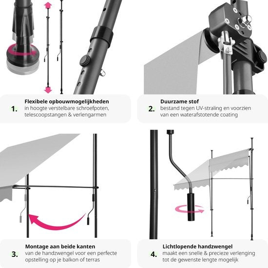 tectake Zonnescherm Verstelbaar – Zonneluifel - 150 x 180 cm - Lichtgrijs
