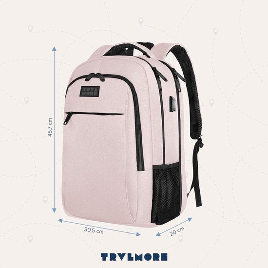 TRVLMORE Rugtas - 28L - 15,6 Inch - Laptop Rugzak met USB - Antidiefstal - Heren en Dames - Tas Roze