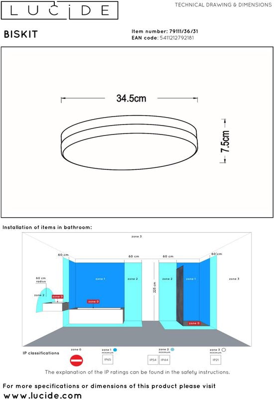 Lucide BISKIT - Plafonnière (Plafondlamp) Badkamer - Ø 34,5 cm - LED - 1x24W 2700K - IP44 - Bewegingssensor - Wit