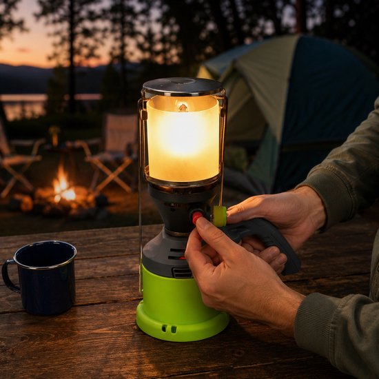 Kinzo Gaslamp – Campinglamp op Gas – Met Piezo Ontsteking en Handvat – Inclusief 3 Gaskousjes – 500W