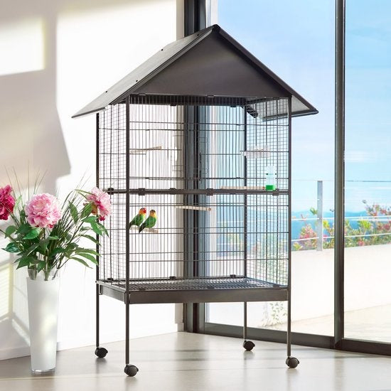tectake® - vogelkooi - volière - met puntdak - 168 cm hoog - op wieltjes