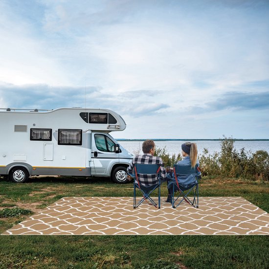 LifeGoods Buitenkleed - 183x290CM - Vloerkleed - Tuintapijt - Omkeerbaar - Incl. Draagtas - Met Patroon - Beige/Wit