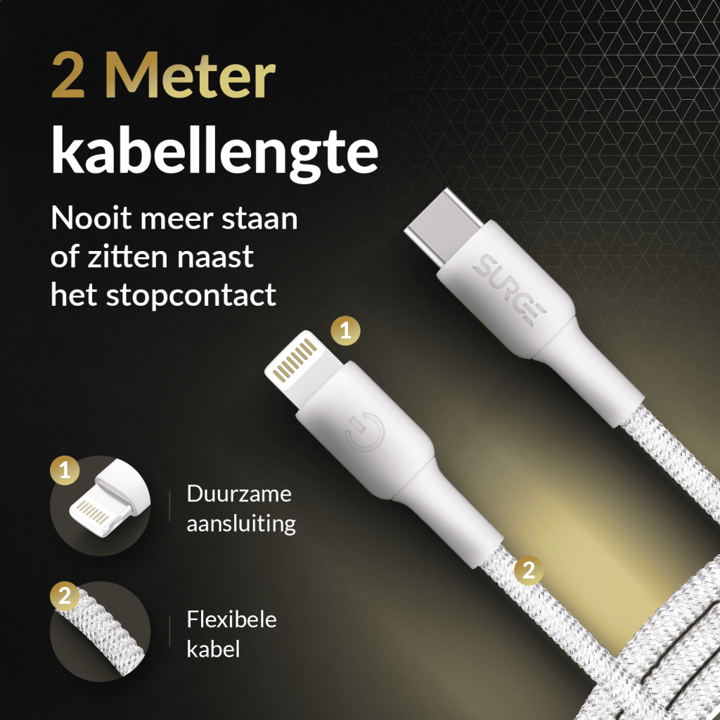 Surge USB-C naar Lightning Oplaadkabel - 2 Meter - Wit - 27W