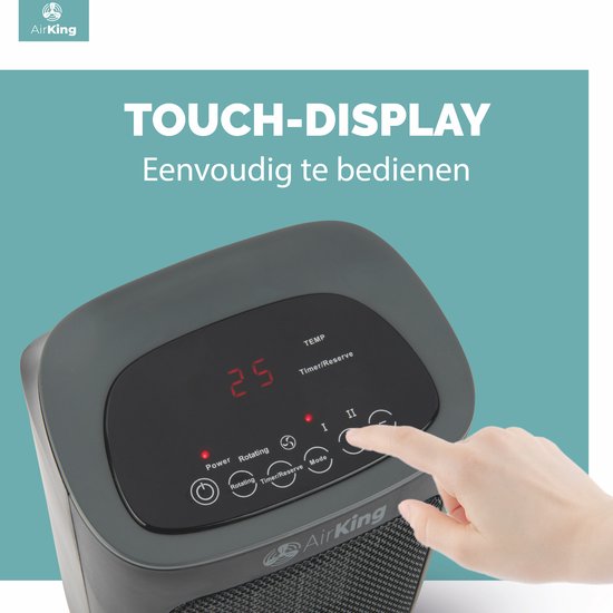 AirKing Elektrische Kachel - Compacte Keramische kachel met touchscreen - Kachelventilator 2 Standen 900 en 1800 Watt - Kantelbeveiliging - Draagbaar