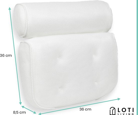Loti Living Badkussen voor in bad – Badkussen – Nekkussen bad – Hoofdsteun bad – Badkussen met zuignappen – 6 Zuignappen – Ergonomisch nekkussen – Antislip - Wit