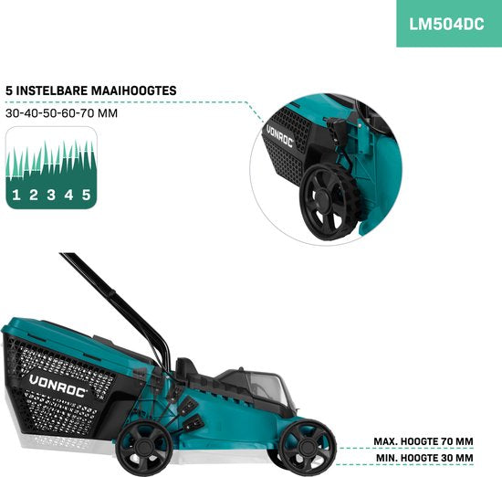 VONROC Accu Grasmaaier 40V – Brushless Motor – 33 cm Maaibreedte – Zonder accu & lader - 30L Opvangbak – 79 x 41 x 104 cm – Groen