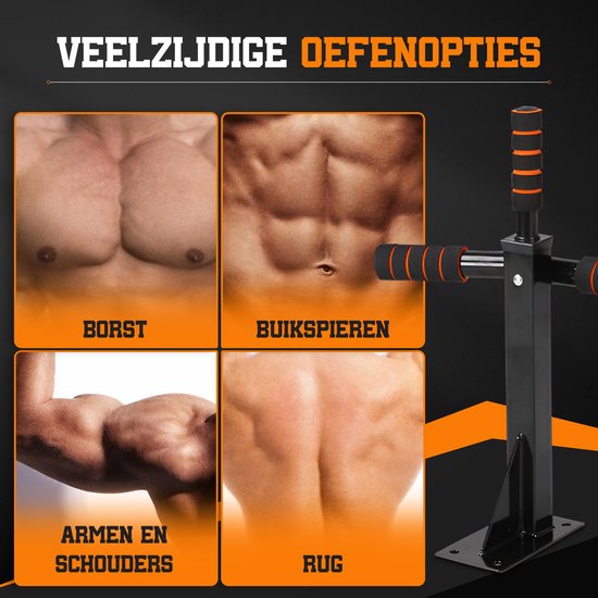 TTD® Premium Pull Up Bar - Pull Up Station - Optrekstang Wandmontage - Dip Station - Dip Bars - Thuis Sporten - Thuis Fitness - Premium materialen - Extra stevige tot 250KG - Inclusief montage onderdelen - Home workout - Zwart/Oranje