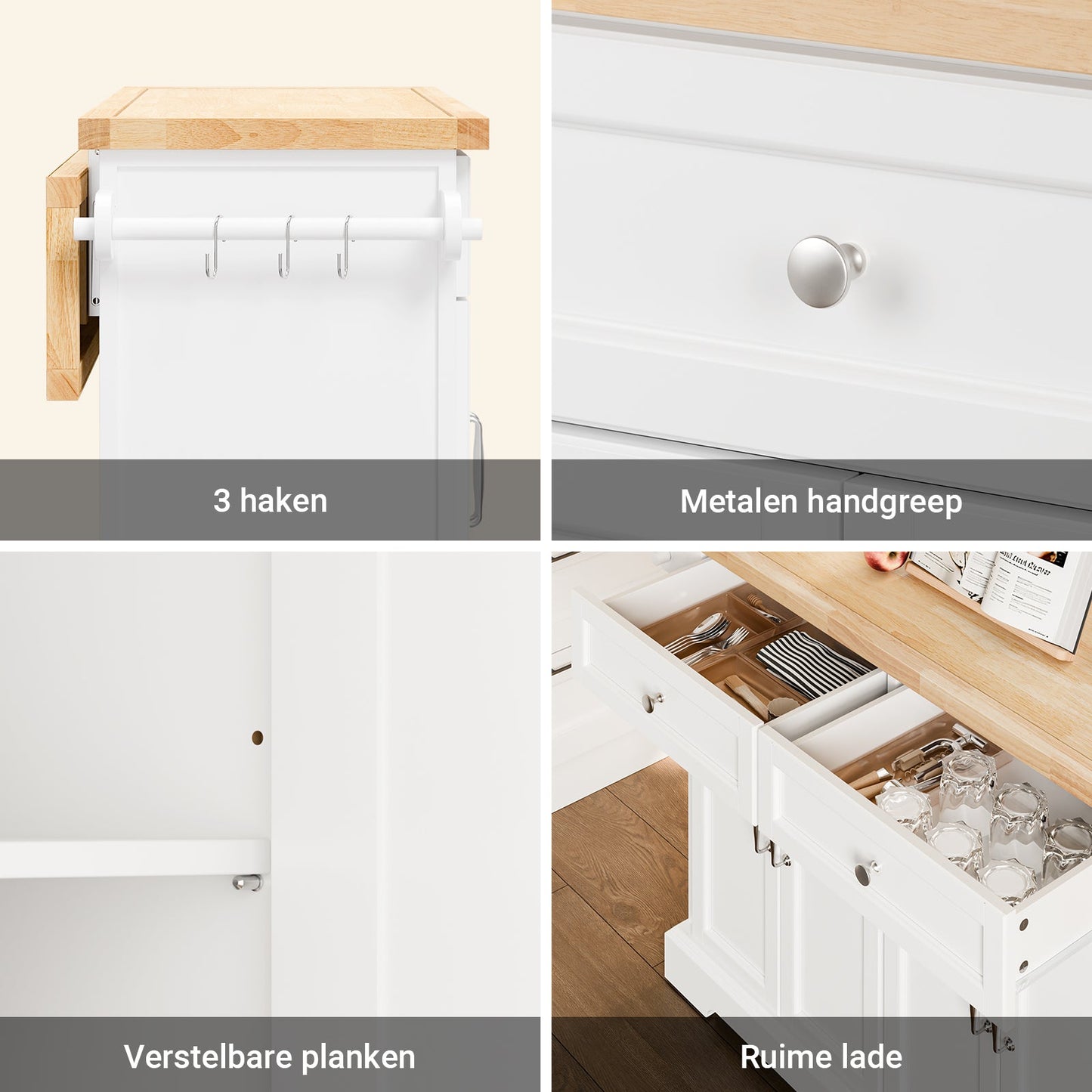 SoBuy FKW71-WN Keukenwagen met Uitbreidbaar Werkblad - Wit/Naturel - Serveerwagen Keukeneiland