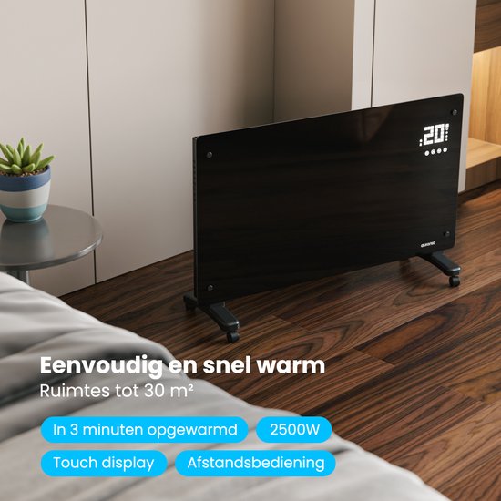 Auronic Elektrische Kachel – Met Thermostaat en Afstandsbediening - Glazen Paneel- 2500W Heater - Zwart