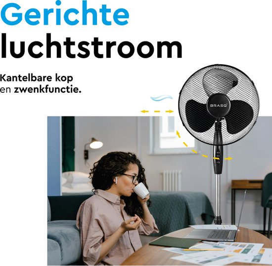 BRASQ Statiefventilator – 40 cm – Zwart - In hoogte verstelbaar – 3 snelheden - 40 Watt