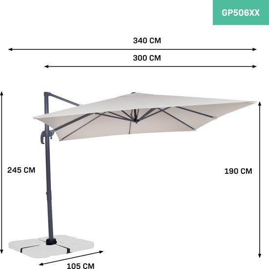 VONROC Zweefparasol Pisogne – Kantelbaar & 360° Draaibaar – 300 x 300 x 260 cm – Beige