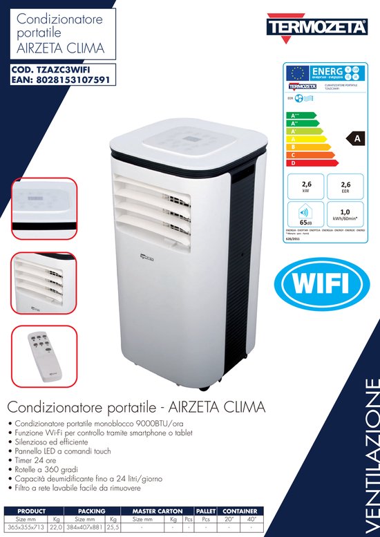 Termozeta Airzeta Clima C3 WiFi – Mobiele Airco 3-in-1 – 9000 BTU – Wit