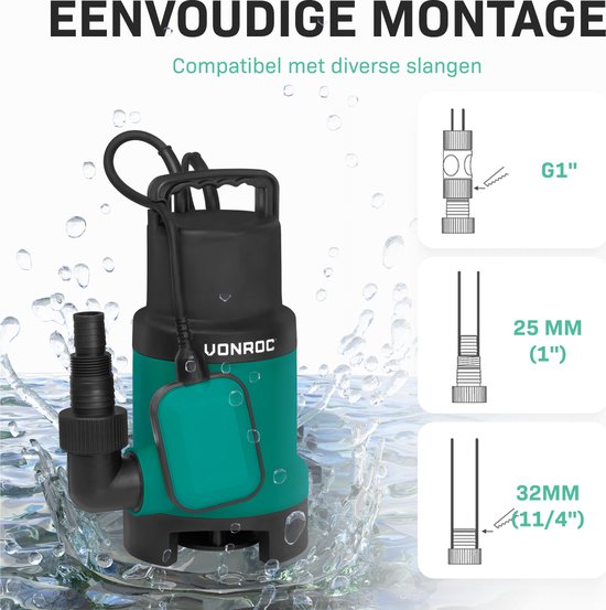 VONROC Dompelpomp – Voor Vuil- & Schoonwater, Met Vlotter – 14000 l/h – 750 W – Zwart