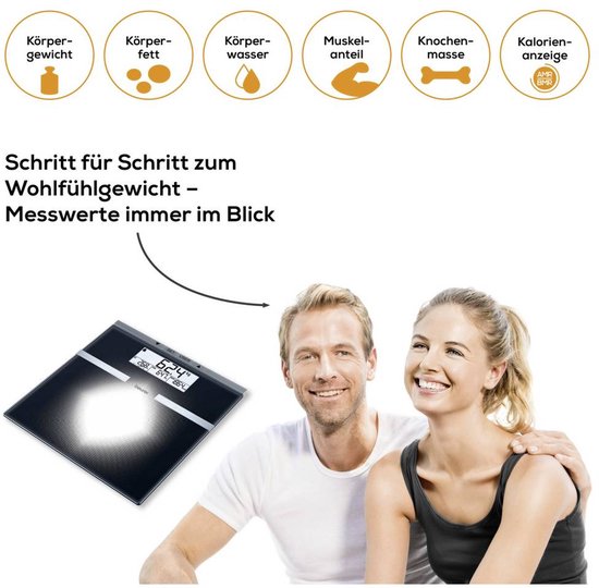 Beurer BG 21 Personenweegschaal - Lichaamsanalyse - BMI/BMR/AMR - Tot 180 kg - 30 x 31.5 cm - 10 Gebruikers - Verlicht groot LCD display met 2 regels - Incl. batterijen - 5 Jaar garantie