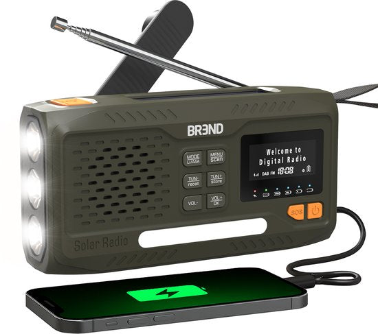 BREND BR-2244 Noodradio met DAB en FM - Bluetooth Speaker - SOS-Alarm - Powerbank - LED-Zaklamp - USB-C - Oplaadbaar met Zonnepaneel en Zwengel