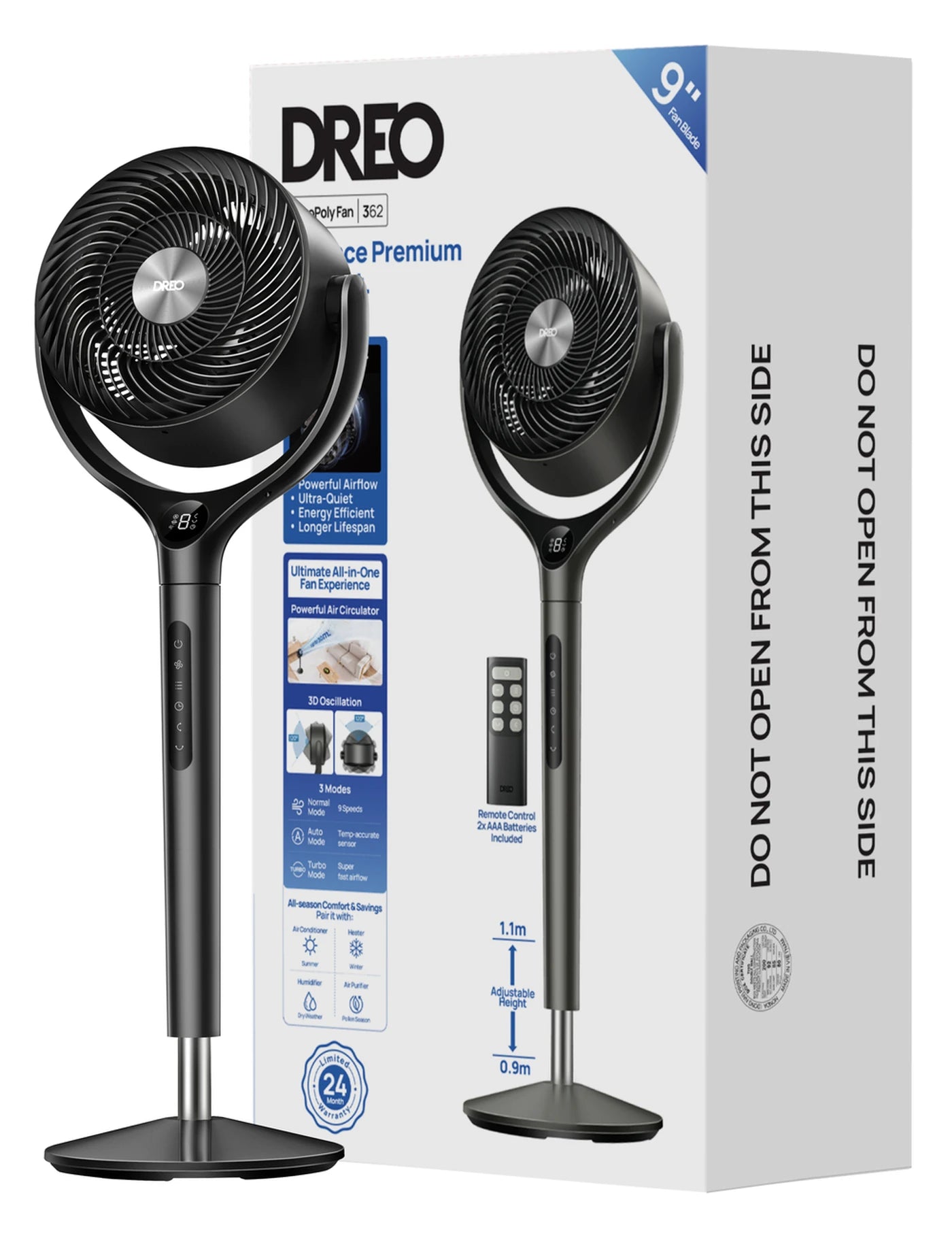 Dreo Turbo Luchtcirculator DR-HPF022 - Statiefventilator - 9 Snelheden & 6 Modi - Afstandsbediening - 120° Oscillatie - Hoogte 94-107 cm