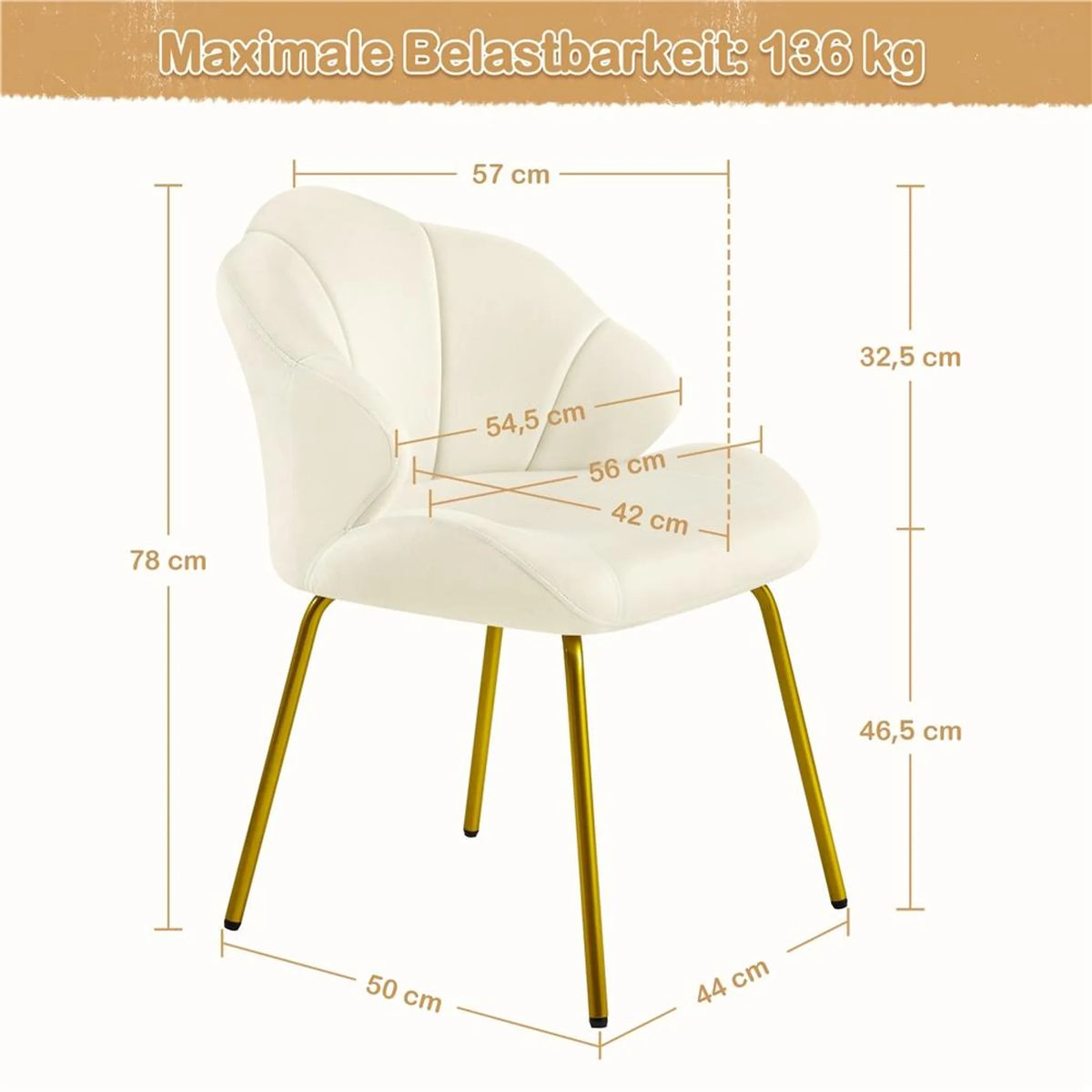 Yaheetech Eetkamerstoel in Schelpvorm - Gestoffeerd met Metalen Poten - 56 x 57 x 78 cm - Beige