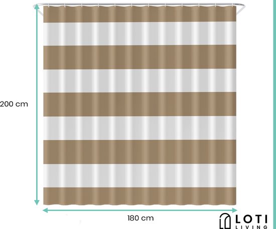 Loti Living Douchegordijn Anti Schimmel – Lichtbruin gestreept - Inclusief ringen – Waterdicht - Polyester - Douchegordijn 180x200 cm
