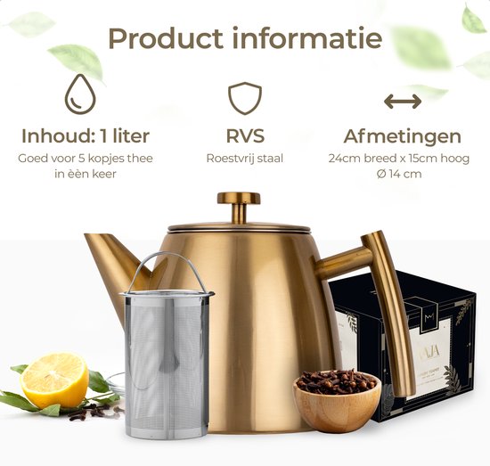 Vaja® Theepot Juliette Goud - Dubbelwandig - 1 Liter - RVS Theekan met Filter & Warmhouder