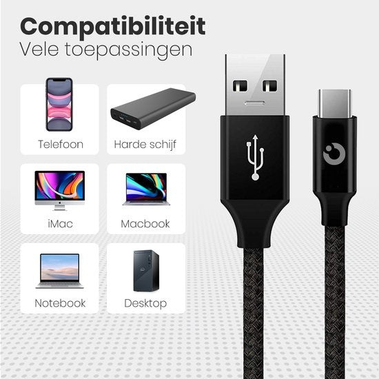 Auronic USB-C kabel - 5M - 2.4A - USB C naar USB-A - Gevlochten Nylon - Zwart