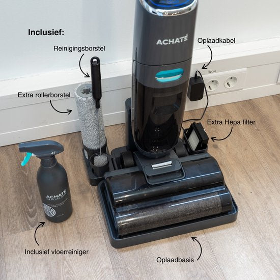 Achaté Dweilstofzuiger – 3-in-1 Steelstofzuiger met Dweilfunctie – Nat & Droog Vloerreiniger – Draadloos 55 min – Zelfreinigend – Voor streeploos schone vloeren