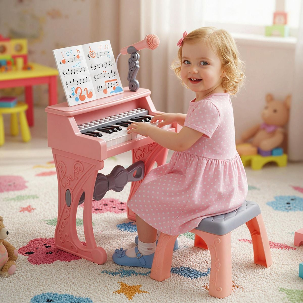 Coast Kinderkeyboardpiano - 25 toetsen - met krukje, muziekstandaard en microfoon - roze en grijs