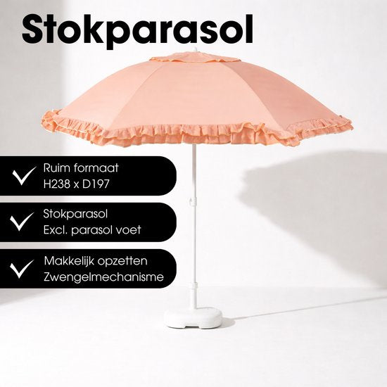 Mica Decorations Kantelbare Parasol met Ruches - Stokparasol 238 x Ø195 cm - Tuin of Balkonparasol - Polyester, Staal - Perzik