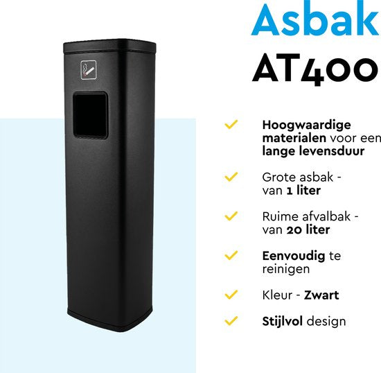 BRASQ Staande Asbak Zwart - Buiten Asbak met 20 Liter Afvalbak - Rookpaal - Prullenbak met Asbak