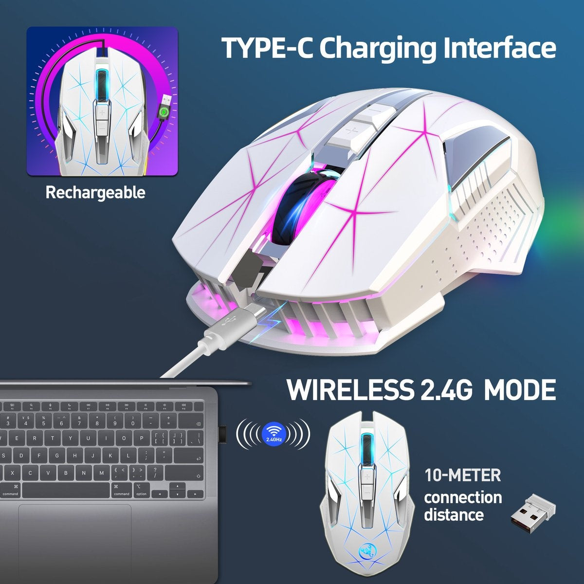 HXSJ T300 2.4G Draadloze Gaming Muis - Computermuizen - Ultra licht - Compact Voor Onderweg - RGB Verlichting - Wit