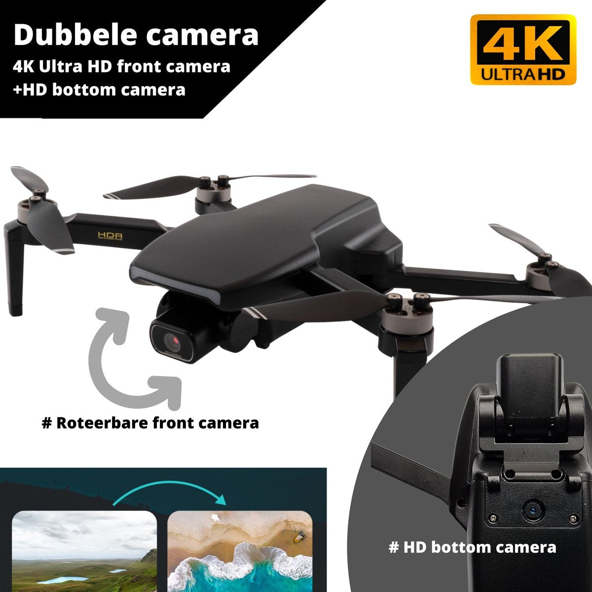 Xorizon XZ96 4K GPS drone - 4K camera - Drone met camera - Drone met GPS - Mini Drone - Brushless motoren - 50 minuten vliegtijd - 1 KM bereik - 5GHz Wifi FPV - incl. Travelcase - Geen vliegbewijs nodig - 242 gram - 2 accu's meegeleverd - Zwart