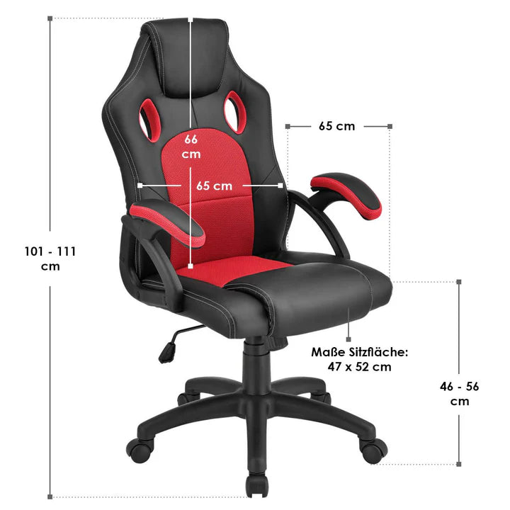 Juskys – Racing Bureaustoel Montreal – 111 x 47 x 52 cm – Voorzien Van Kantelbare Rugleuning En Mesh-Inzet En Gasdrukveer – Voor Gaming En Kantoor – Rood En Zwart Kunstleder En Metaal