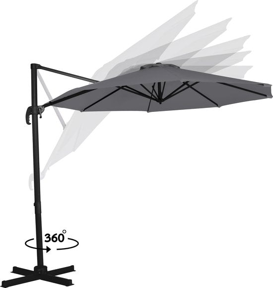VONROC Premium Zweefparasol Bardolino Ø300cm – Incl. kruisvoet & beschermhoes – Ronde parasol – 360 ° Draaibaar - Kantelbaar – UV werend doek – Grijs
