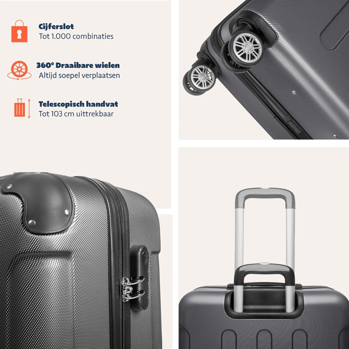 TRVLMORE Kofferset - 3 Delig - Complete Set - 38L Handbagage + 70L en 110L Ruimbagage - Donkergrijs