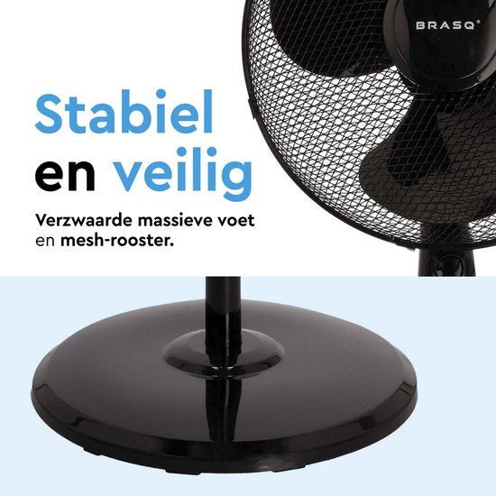 BRASQ Statiefventilator – 40 cm – Zwart – Met Afstandsbediening - Timer - Slaapmodus - In hoogte verstelbaar – Stille Ventilator - 40 Watt