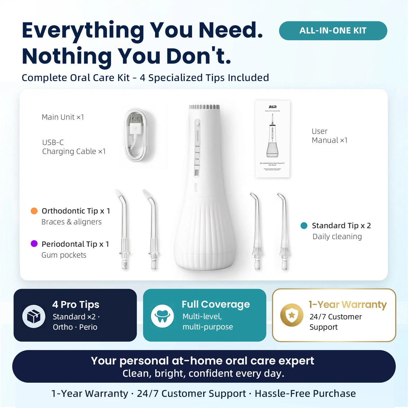 Bair Care Waterflosser M11 - Wit - UV-sterilisatie - 360 ml Reservoir - 4 Standen - 3 Opzetstukken - IPX8 - USB-C