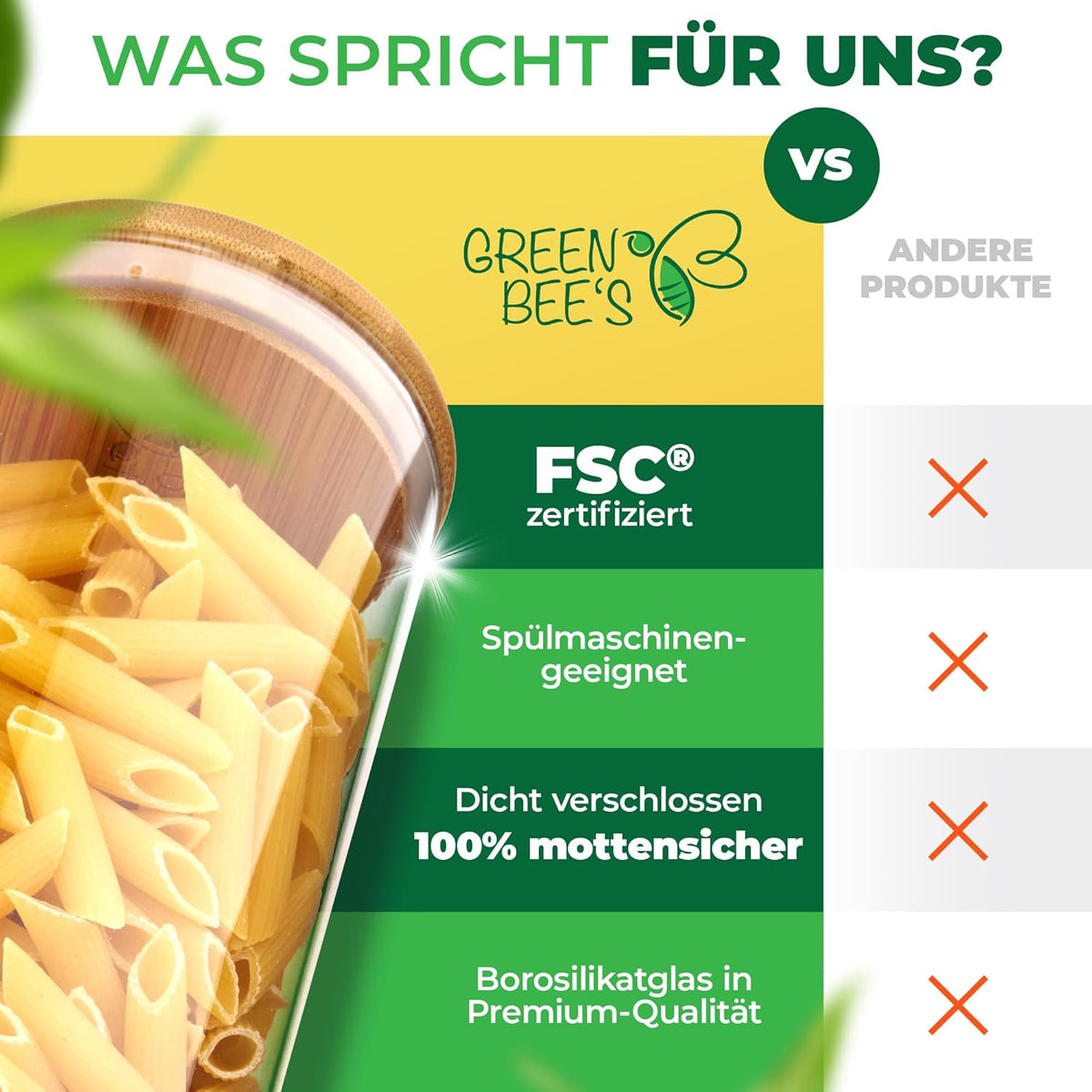 GREEN BEE`S voorraadpot groot - 2x1500ml Nieuw model - Perfect voor lade & apothekerskast - Duurzame voorraadpotten met luchtdichte deksels - Voor bloem, suiker, pasta, koffie & havermout