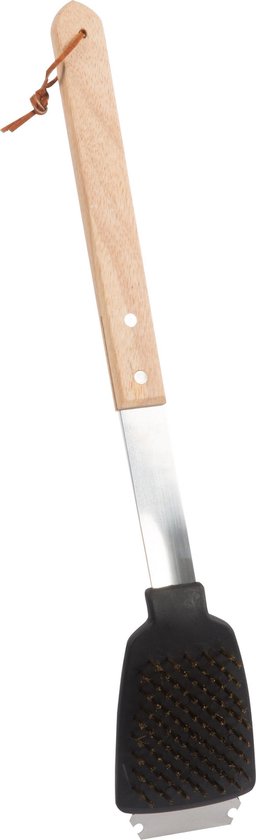 BBQ Collection Bbq-borstel en Barbecueschraper - 2-in-1 Functie - 44 cm - Eikenhouten Steel/ RVS