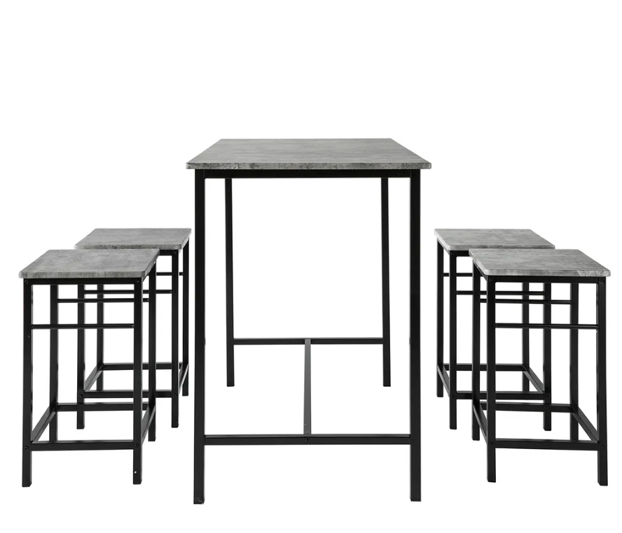 SoBuy Bartafel - 4 Krukken - Bartafelset - 5 Delig - 100 x 87 - 60 cm - tot 120 Kg - Grijs /Zwart