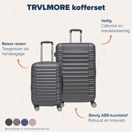 TRVLMORE Kofferset - 2 Delig - 38L Handbagage + 110L Ruimbagage - Donkergrijs