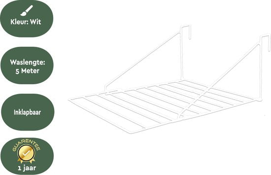 BRASQ Droogrek Hangend Wit - 5 meter - Wasdroger voor Deur en Balkon - Wasrek inklapbaar - Wanddroogrek - Ophangbaar droogrek- 53x71x27 cm