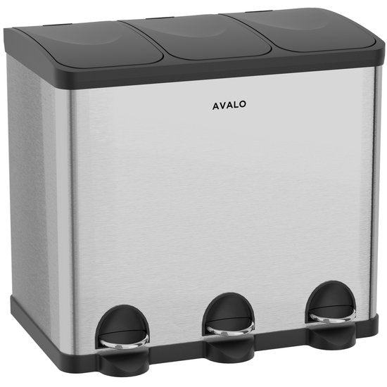 Avalo Prullenbak Afvalscheiding 60 Liter - RVS Zilver - 3 Vakken - Milieubewust, Hygienisch & Vingerafdrukvrij - Pedaalemmer / Vuilnisbak