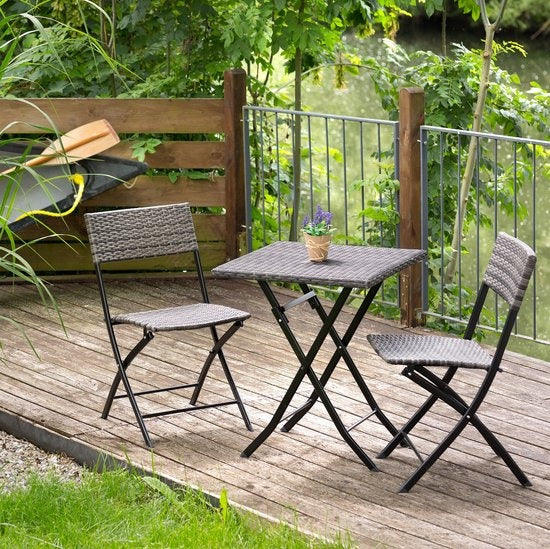 tectake® - wicker balkon- of tuinbistroset, zitgroep met 2 stoelen en 1 kleine eettafel, ruimtebesparend opklapbaar, tuinmeubelen, balkonmeubel klein balkon - lichtgrijs