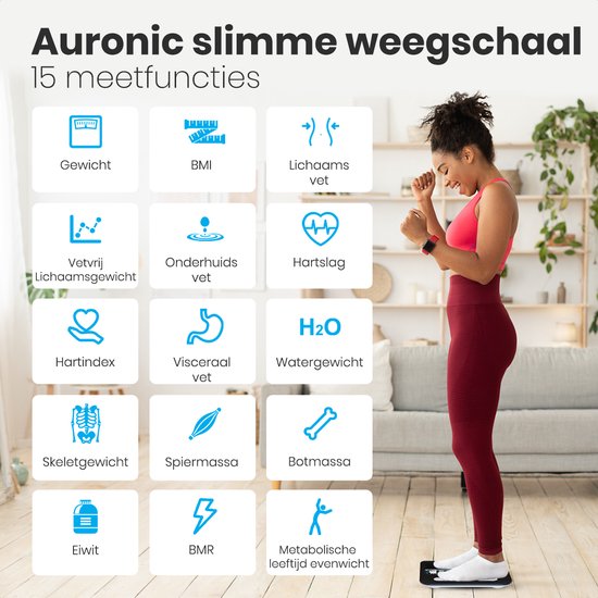 Auronic Personenweegschaal - Lichaamsanalyse & Vetpercentage - Digitaal - 15 Metingen - Zwart