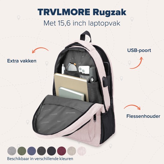 TRVLMORE Rugtas - 28L - 15,6 Inch - Laptop Rugzak met USB - Antidiefstal - Heren en Dames - Tas Roze
