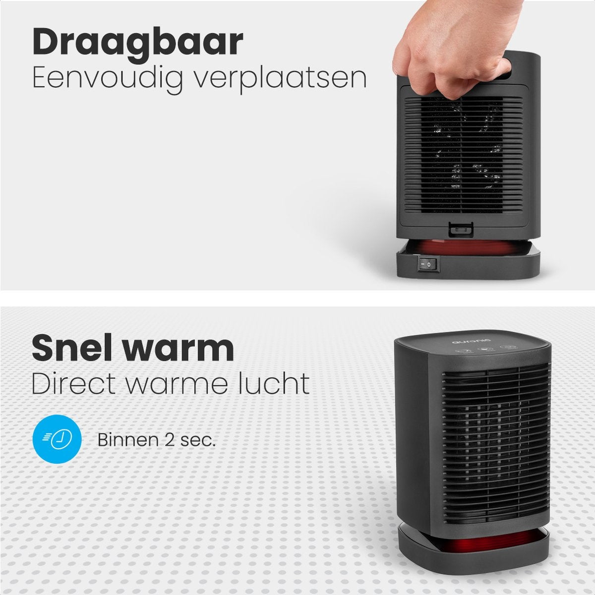 Auronic Elektrische Kachel - Ventilatorkachel - 3 Standen - 950W Heater - Keramische Kachel met LED Indicatie - Roterend - Zwart
