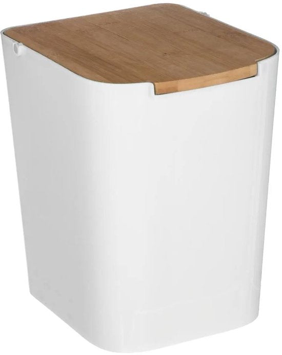5Five prullenbak/vuilnisbak - 5 liter - bamboe - wit/lichtbruin - 24 x 19 cm - badkamer afvalbak