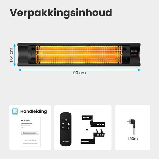 Auronic Terrasverwarmer - Infrarood - Heater - Elektrisch - 2500W - Afstandsbediening - 4 Standen - Zwart