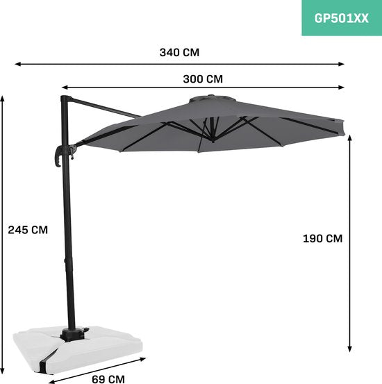 VONROC Premium Zweefparasol Bardolino Ø300cm – Incl. kruisvoet & beschermhoes – Ronde parasol – 360 ° Draaibaar - Kantelbaar – UV werend doek – Grijs