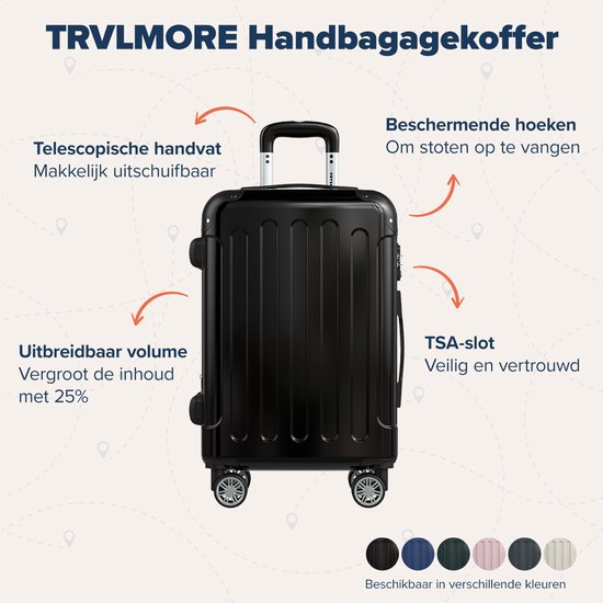 TRVLMORE Handbagage Koffer - 45L - TSA Cijferslot - Lichtgewicht - Uitbreidbaar - Trolley - 54x36x22cm - Zwart